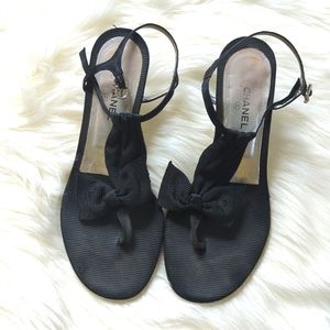 CHANEL black kitten heel sandals.